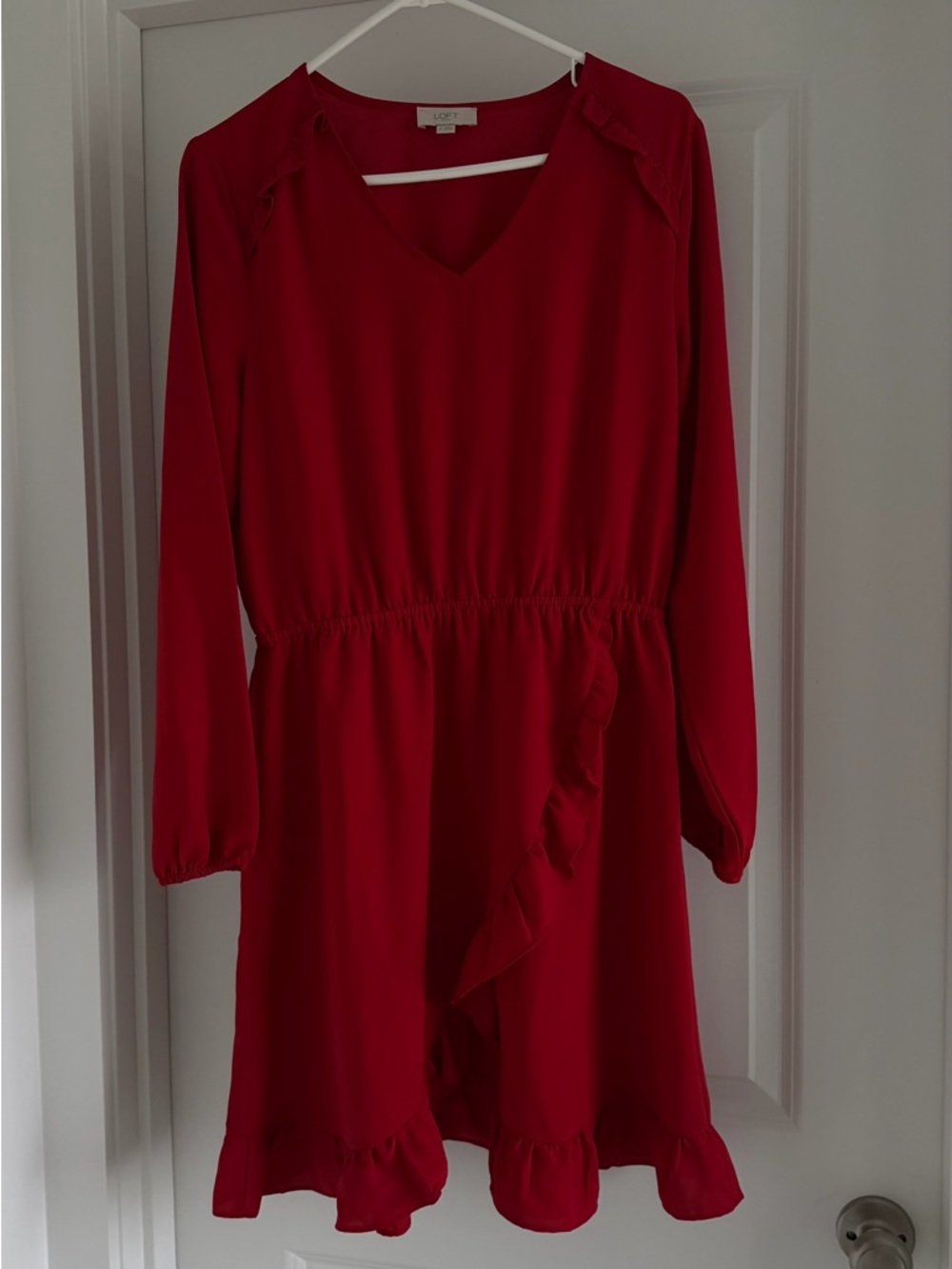 LOFT Red V-Neck Ruffle Waist Dress